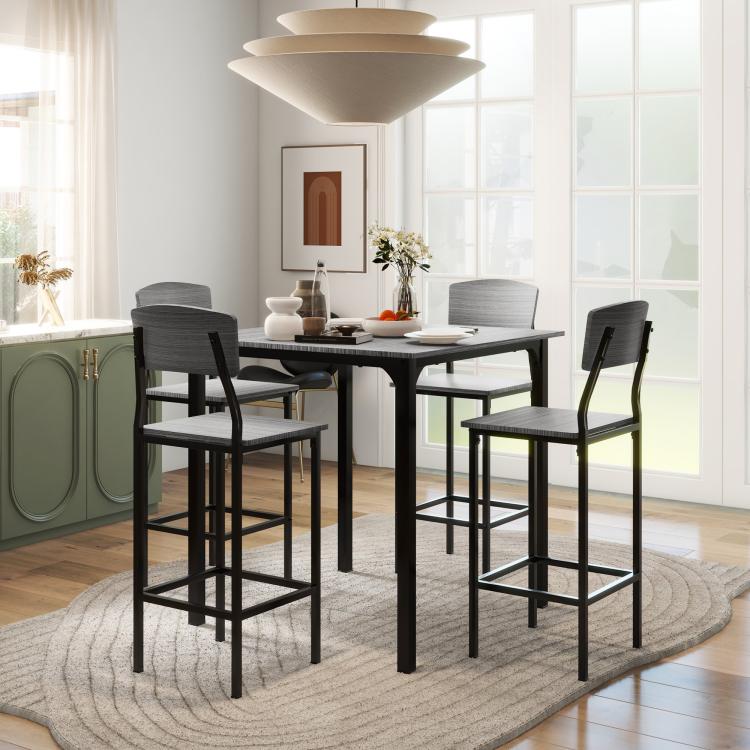 Gray square bar table with 4 gray armless stools and metal footrest frames