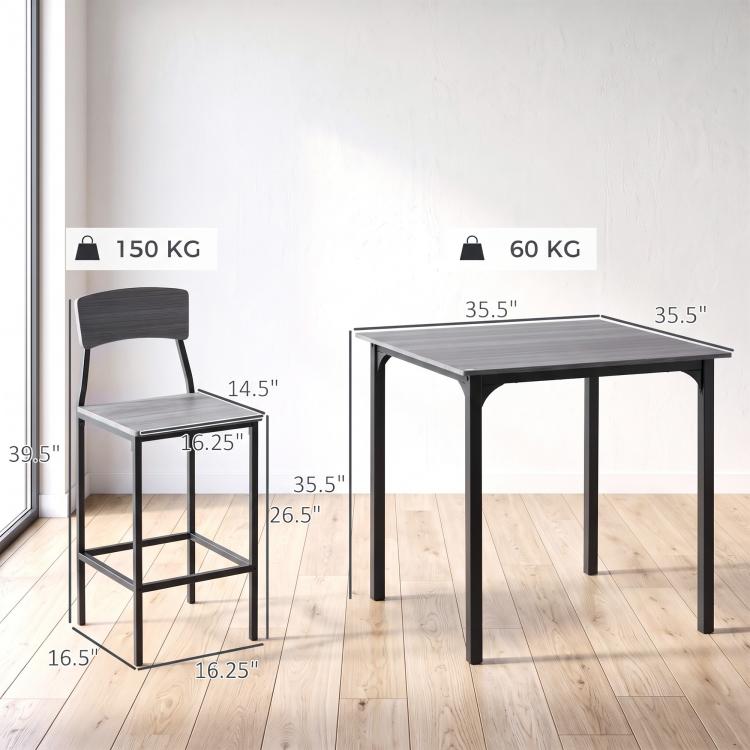 Gray counter-height table and stool set with weight ratings and size measurements