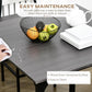 Gray wood-grain tabletop with spill-clean surface and removable-style care notes