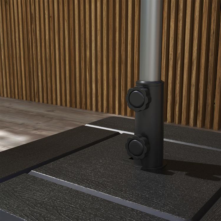Black umbrella base with post collar and side handles, outdoor end table unit