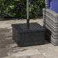 Black outdoor umbrella base with planter box, umbrella stand and side handle on patio