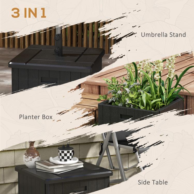 Black 3-in-1 outdoor umbrella base with planter box, umbrella stand and tabletop surface