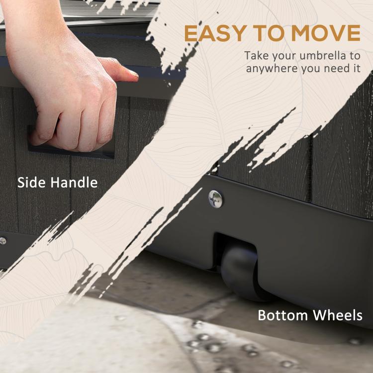 Black umbrella base with side handle and bottom wheels for easy moving