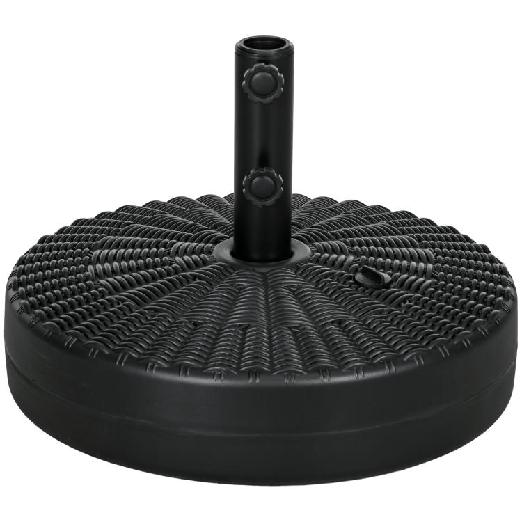 Black round fillable umbrella base with central pole holder and adjustable knobs