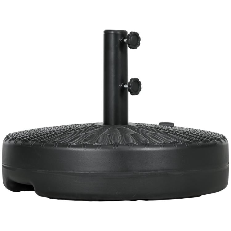 Black round umbrella base with upright pole sleeve and two side attachment knobs