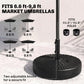 Black round umbrella base with central sleeve and two adjustable pole securing knobs