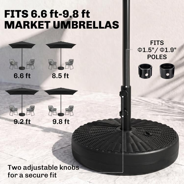 Black round umbrella base with central sleeve and two adjustable pole securing knobs