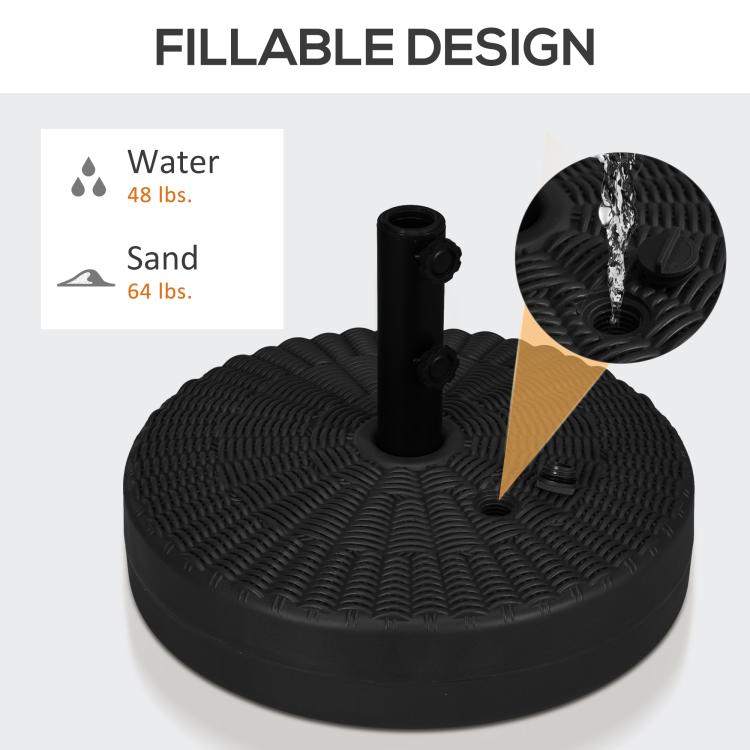 Black fillable umbrella base with central pole holder and textured ribbed top surface