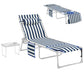 Blue-and-white striped folding tanning chaise lounge chair with side table, angled view