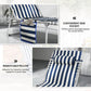 Blue-and-white striped folding chaise lounge chair with side pocket and adjustable head support