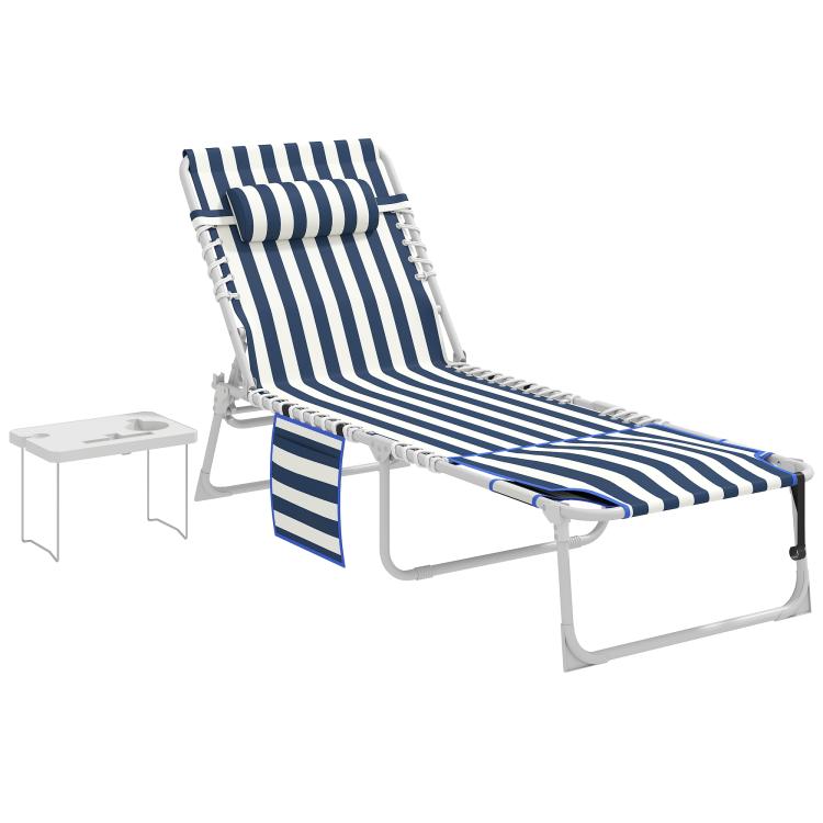 Blue-and-white striped folding outdoor chaise lounge chair with side table and reclining frame