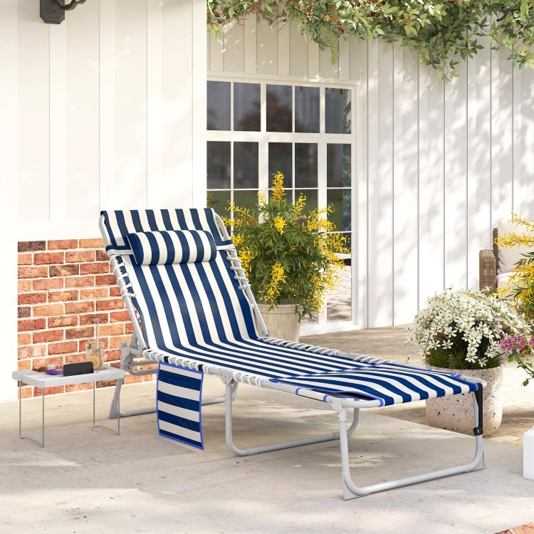 Blue-and-white striped folding tanning chaise lounge chair with face-hole headrest