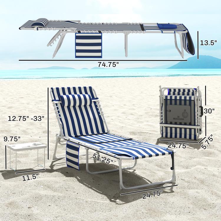 Blue-and-white striped folding 5-position tanning chaise lounge with side table