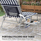 Blue-and-white striped folding chaise lounge with mesh back pocket and side table