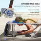 Blue-and-white striped tanning chair with covered face hole and arm slots