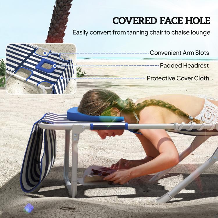Blue-and-white striped tanning chair with covered face hole and arm slots