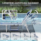 Blue-and-white striped folding chaise lounge with adjustable 5-position backrest
