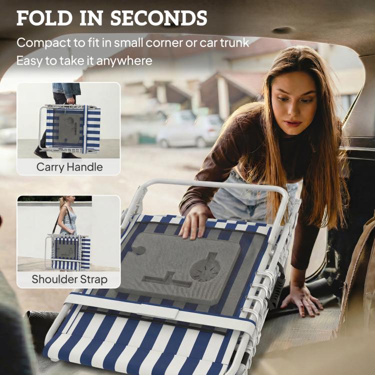 Folded blue-and-white striped tanning chaise lounge with carry handle and shoulder strap