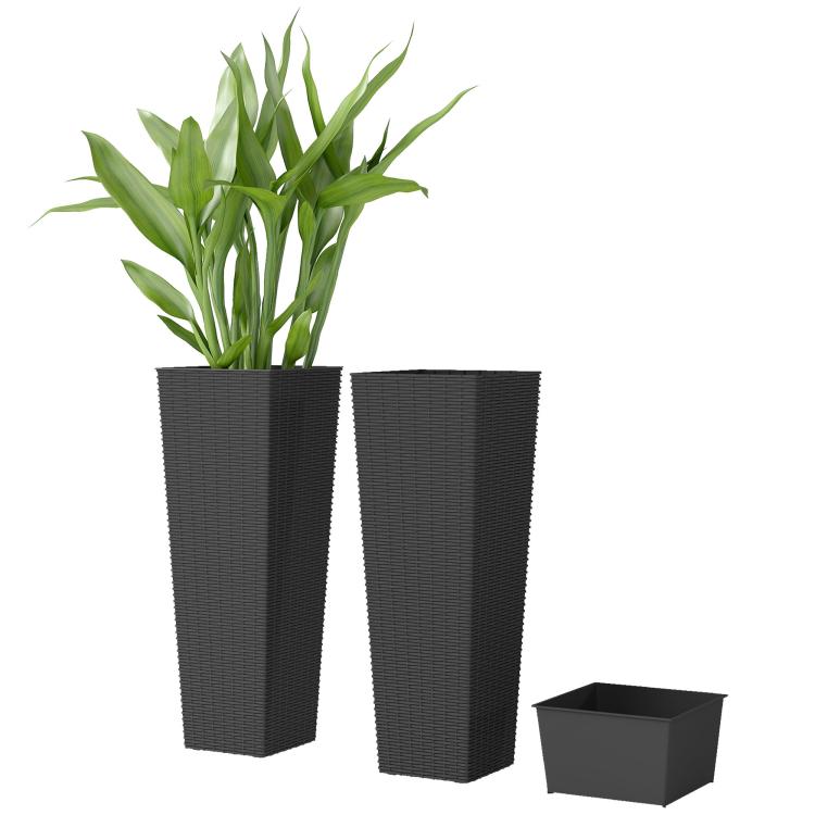 Set of 2 black tall planters with woven sides and matching drainage trays