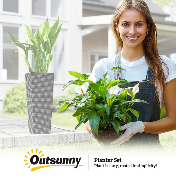 Tall black plastic planter with textured sides, holding a potted green plant