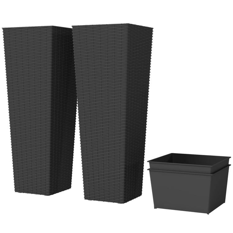 Set of two tall black plastic planters with textured finish and matching square bases