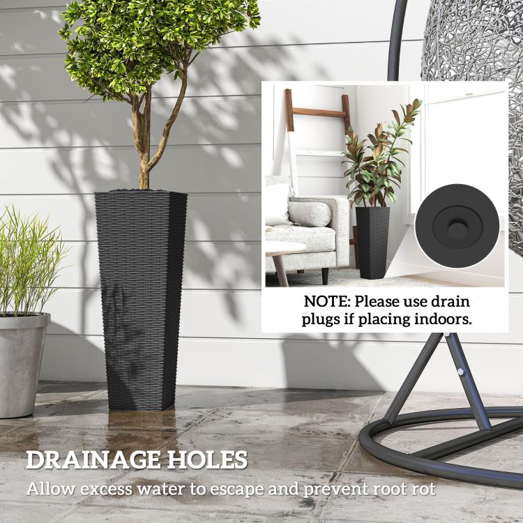 Tall black woven planters with drainage holes and drain plugs for indoor use