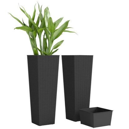 Set of 2 tall black plastic planters with rattan texture, plus matching drainage trays