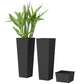 Set of 2 tall black plastic planters with textured finish, shown with small drainage tray