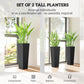 Set of 2 tall black planters with rattan texture, displayed in indoor room scenes