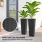 Set of 2 tall black planters with rattan texture, close-up style view