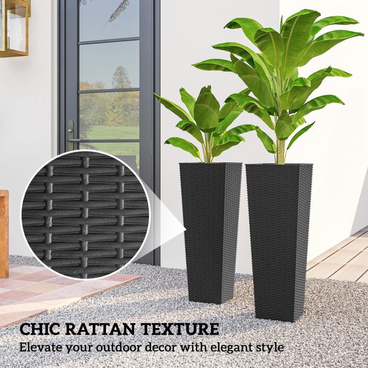 Set of 2 tall black planters with rattan texture, close-up style view