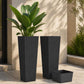 Set of 2 tall black planters with rattan-texture sides, plus matching drainage tray