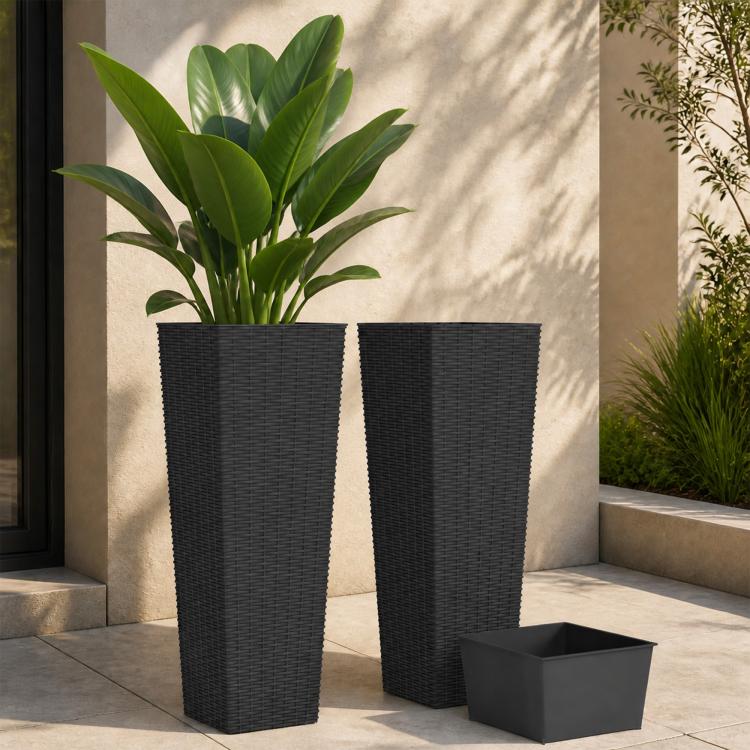 Set of 2 tall black planters with rattan-texture sides, plus matching drainage tray
