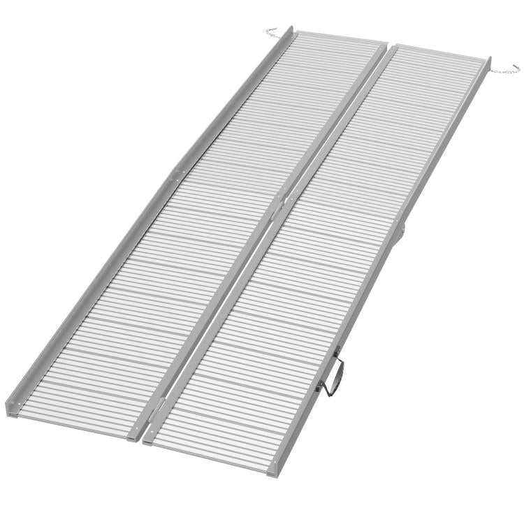 Foldable aluminum wheelchair ramp with ribbed traction panels and folding sections