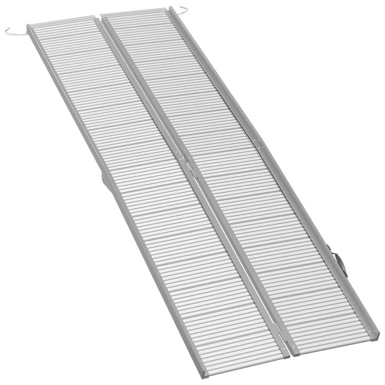 Foldable aluminum wheelchair ramp with grooved textured deck and hinged center seam