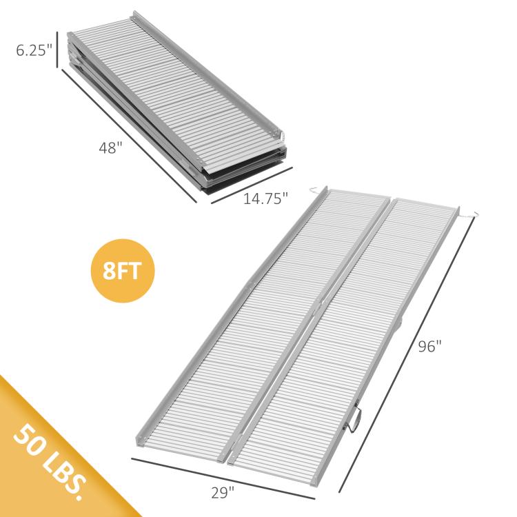 8 ft foldable aluminum wheelchair ramp dimensions with ribbed non-slip tread