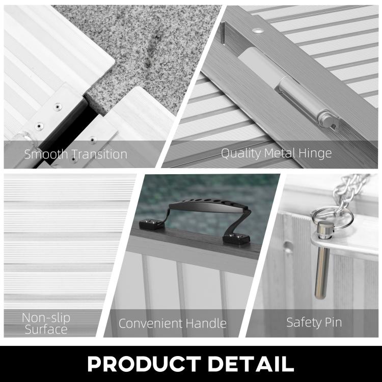 Aluminum ramp detail: ribbed non-slip surface, metal hinge, handle, and safety pin