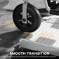 Wheelchair wheel on ribbed aluminum ramp for smooth transition over the threshold