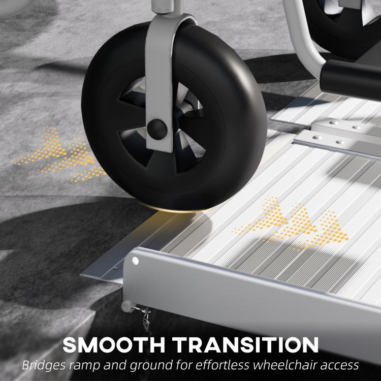 Wheelchair wheel on ribbed aluminum ramp for smooth transition over the threshold