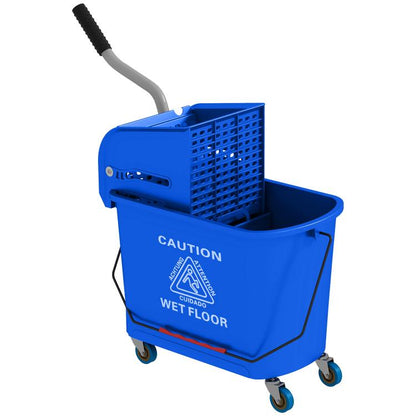 Blue wheeled mop bucket with wringer handle and perforated mesh insert, caution wet floor label