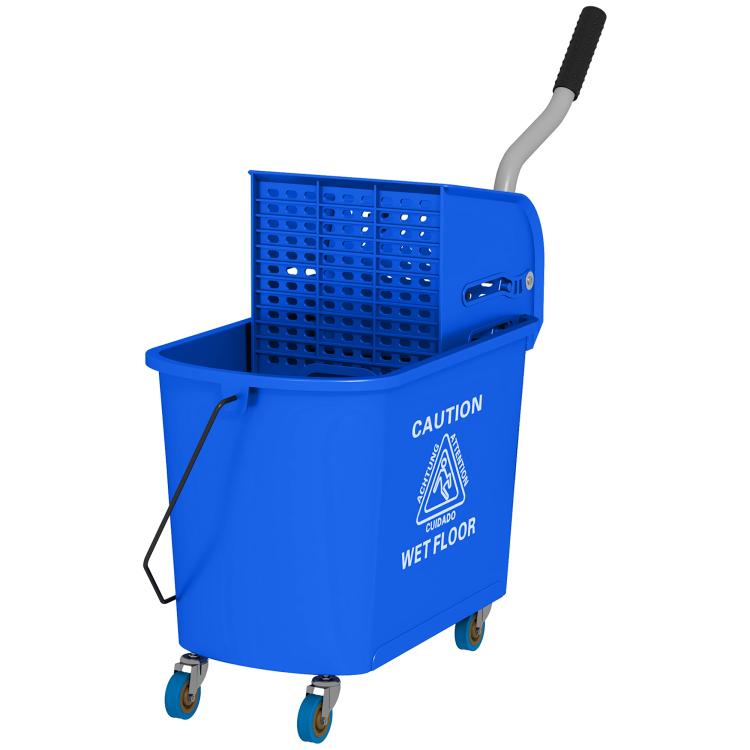 Blue wheeled mop bucket with wringer handle and perforated mesh panel, caution label