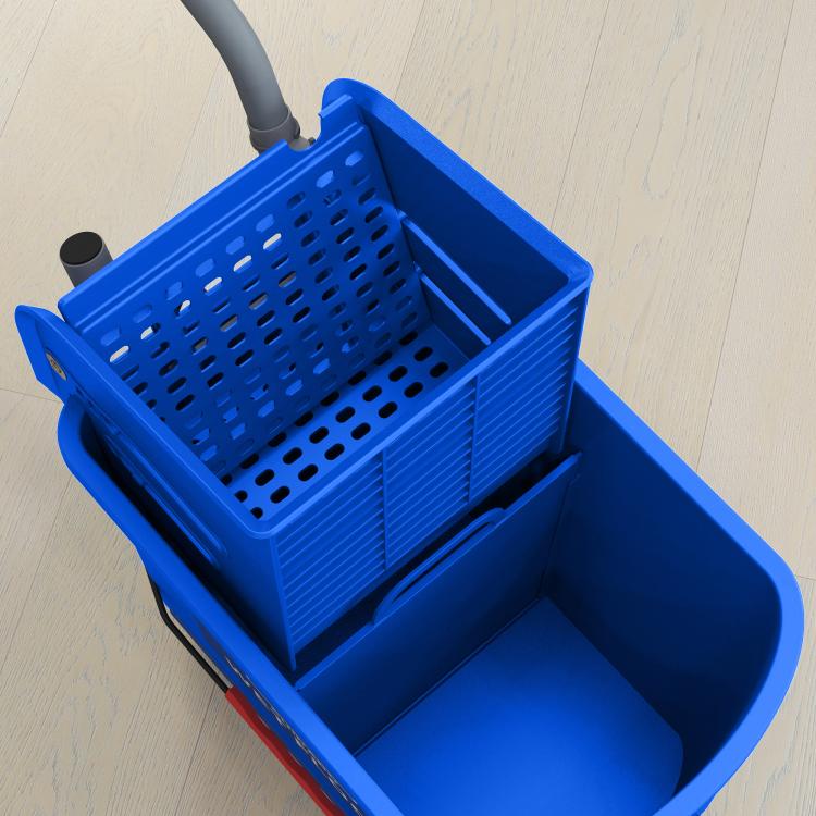 Blue compact mop bucket with wringer basket and handle, wheeled floor cleaning
