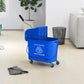 Blue wheeled mop bucket with wringer and caution wet floor label