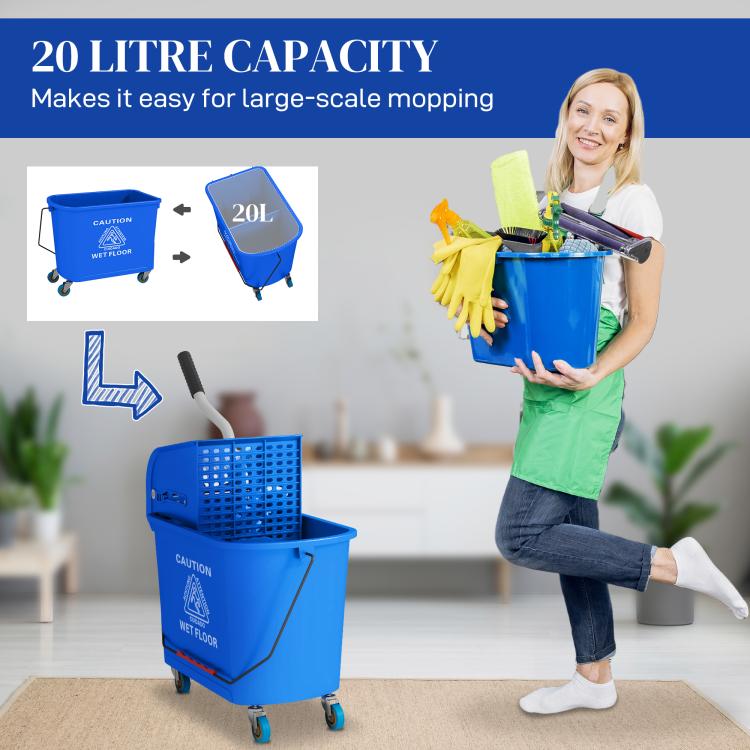 Blue mop bucket with wringer on wheels, 20-liter capacity shown