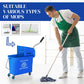 Blue wheeled mop bucket with wringer, demonstrated with a mop cleaning pad