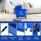 Blue mop bucket with wringer and wheels, featuring perforated mesh plate and grips