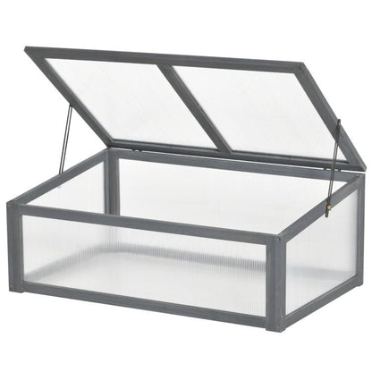 Mini cold frame greenhouse with gray frame, clear polycarbonate panels, hinged open lid
