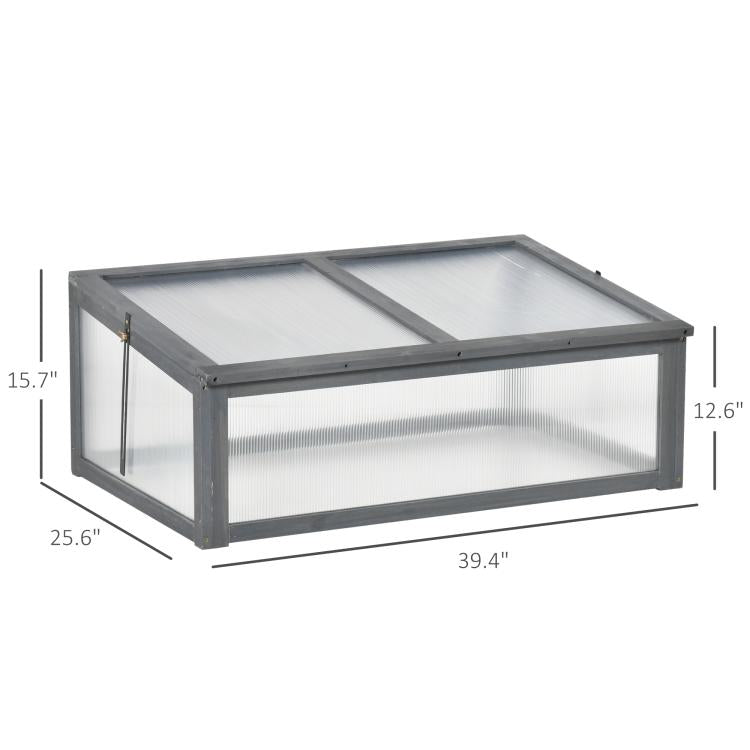 Mini cold frame greenhouse with gray frame and clear polycarbonate walls, open-top lid