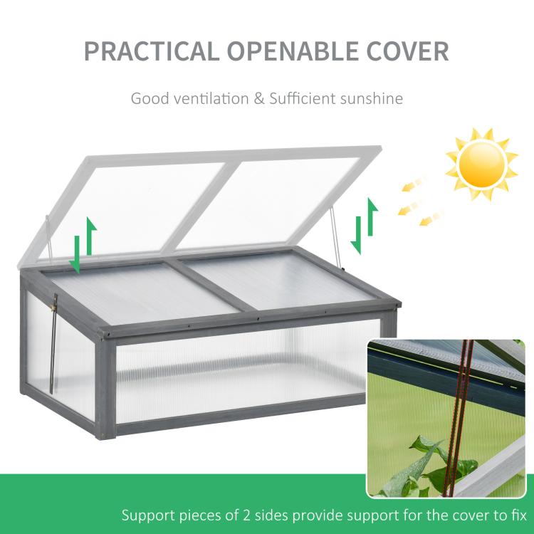 Gray mini cold frame greenhouse with openable two-panel cover and translucent sides