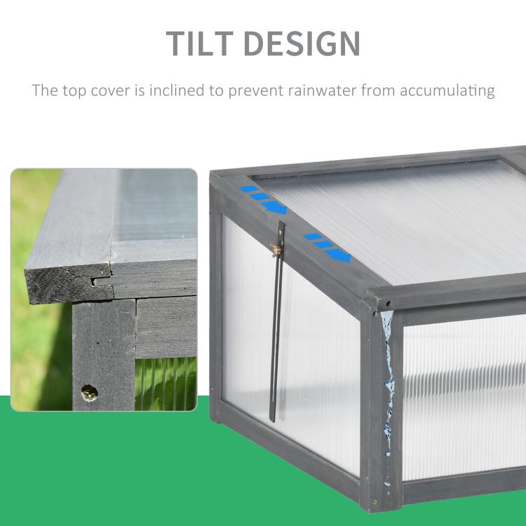 Gray mini cold frame greenhouse with tilt lid and hinge support rods